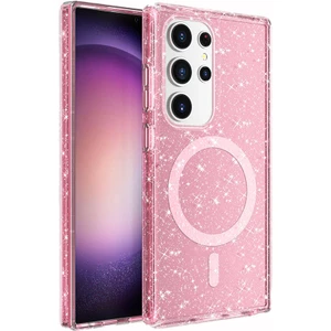 Case 4u Galaxy S24 Ultra Kılıf Magsafe Şarj Özellikli Parlayan Simli Saydam Renkli Allstar Kapak Pembe