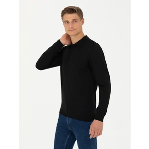 Erkek Siyah Slim Fit Polo Yaka Basic Triko Kazak 50270169-VR046