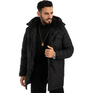 First Stops Erkek Siyah Içi Polarlı Su ve Rüzgar Geçirmez Kapüşonlu Kışlık Mont & Kaban & Parka