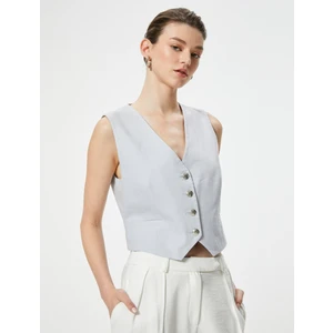 Keten Karışımlı Blazer Yelek V Yaka Düğmeli Fleto Cepli