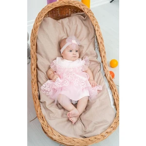 Kız Bebek Pembe Dantelli Mevlütlük Kısa Kollu Elbise ve Saç Bandı