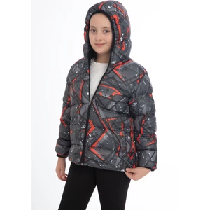 First Stops Kız Çocuk Siyah Geometrik Desen Içi Polar Su ve Rüzgar Geçirmez Kapüşonlu Cepli Şişme Kışlık Mont