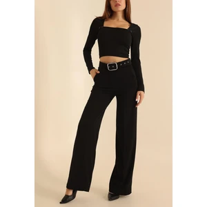 Vio Shine Kadın Kemerli Palazzo Yüksek Bel Ispanyol Paça Pantolon