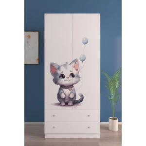 Hediyeler Kapında Çocuk Odası 2 Kapaklı Lonely Cat Gardırop 5 Raflı 2 Çekmeceli Askılı Elbise Dolabı