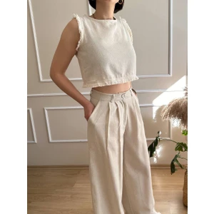 Nidi Store Bej Ucu Tüylü Kolsuz Bluz