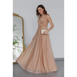 Neşeli Butik Kadın Gold Drapeli Tül Abiye Elbise NB2030