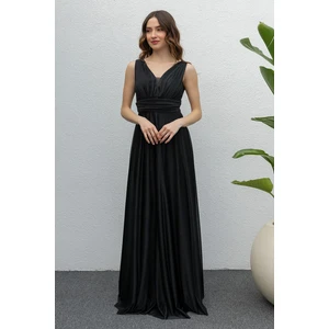 Neşeli Butik Kadın Siyah Drapeli Tül Abiye Elbise NB2030