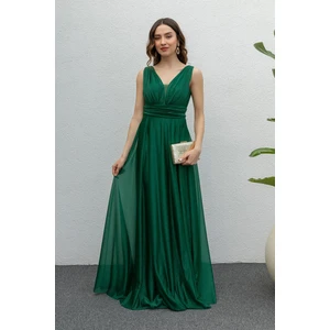 Neşeli Butik Kadın Zümrüt Drapeli Tül Abiye Elbise NB2030