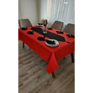 Zesa Home Colber Çizgi Detaylı Masa Örtüsü (Kırmızı-Siyah) 8 Kişilik 18 Parça - Masa 160X180...160X350