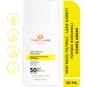 The Flare Health Care Yeni Nesil Filtreli - Leke Karşıtı Yüksek Korumalı 50 Spf+ Yüz Güneş Kremi Tüm Ciltler İçin 50 ml