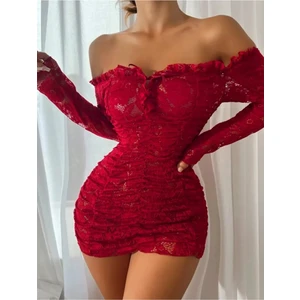 Kiss Bump Büzgülü Bağlama Detaylı Vücuda Oturan Gösteren Dantel Mini Elbise Geniş Beden Aralığı