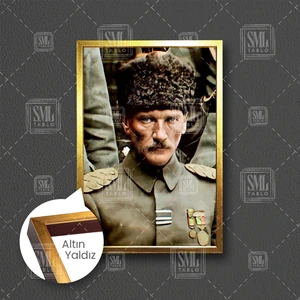 SML Tablo Mustafa Kemal Atatürk Askeri Üniforma Karizma Çerçeveli Dikey Kanvas Tablo