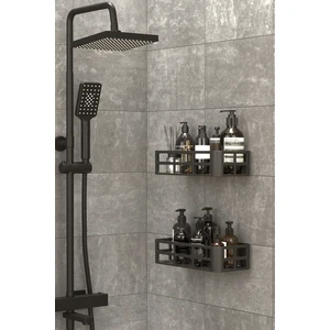 2li Set Banyo Duş Rafı Şampuanlık Sabunluk Siyah Yapışkanlı Duş Organizer Suya Dayanıklı Plastik