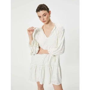 Fistolu Elbise Uzun Kollu Yakası Bağlamalı - Koton - 4SAK80373EK - Ekru - S