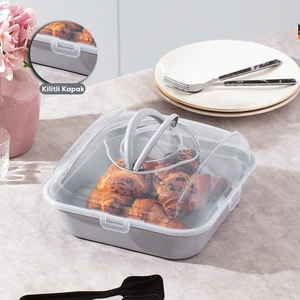Soft Gri Pasta Kek Börek Saklama Kabı - Plastik Pasta Börek Taşıma Çantası - Kilitli Kek Fanusu