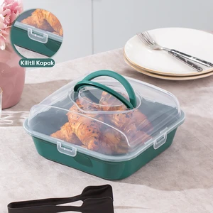 Soft Yeşil Pasta Kek Börek Saklama Kabı - Plastik Pasta Börek Taşıma Çantası - Kilitli Kek Fanusu