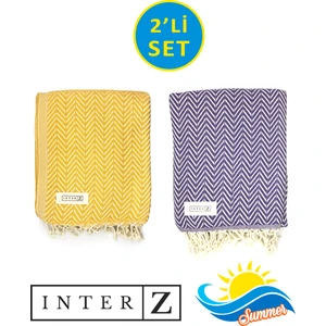 Inter Z 2'li Set Peştemal Plaj Havlusu , Pamuk , Xxl 100X180CM, Marmaris, Sarı-Mor