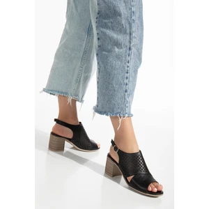 Analin Shoes Kadın Deri Yazlık Lazer Kesim Topuklu Sandalet  2208 Yazlık  Sıyah 36