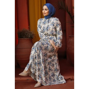 Neva Style Çiçek Desenli Mavi Tesettür Elbise 50251M