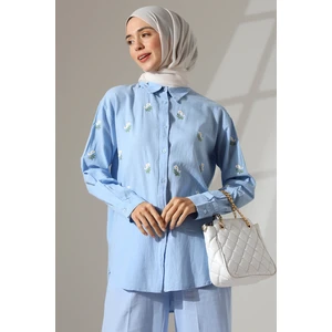 Mihran Butik 100% Pamuk Keten Günlük ve Rahat Çiçek Desen Nakışlı Gömlek Pantolon Yazlık Alt Üst Takım