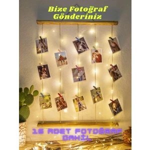 Kişiye Özel (Fotoğraf Dahil) Mandallı Jüt Ipli 3 mt LED Işıklı Masif Ahşap Çerçeve