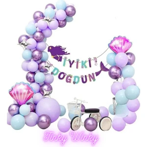 Tinky Winky Deniz Kızı Konsept Lila Metalik Balon ve Balon Zinciri Seti