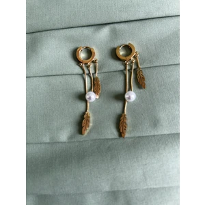 Inochis Chic Paws Gold Sallantılı Halka Inci ve Yaprak Detaylı Çelik Küpe