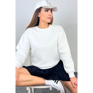 Kadın Cozy Içi Polarlı Ekru Basic Bisiklet Yaka Pamuklu Kalın Örme Sweatshirt