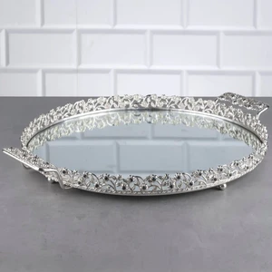 Pırlanta Taşlı Yuvarlak Büyük Tepsi Aynalı Metal Kulplu Sunumluk Kahve Servis Tepsisi Gümüş 35 cm