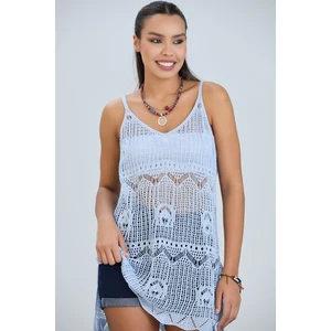 Kadın Askılı Ajurlu Nakış Yırtmaç Detaylı Yazlık Triko Örme Natural Elbise