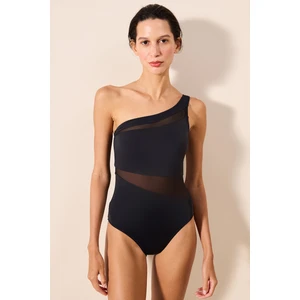 Shay Tek Omuz Mesh Detaylı Siyah Mayo