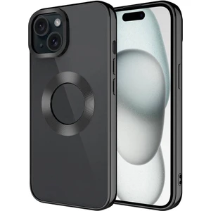 Apple iPhone 15 Plus Kılıf Tek Kamera Çerçeveli Renkli Kenarlı Logo Yeri Açık Şeffaf Silikon Siyah