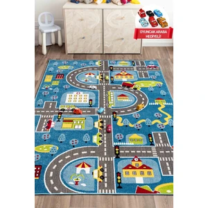 3 Boyutlu Mavi Trafik Arabalı Dokuma Çocuk Oyun Halısı 140x200