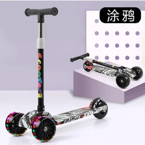 Çocuk Scooter Katlanır 2-6 Yaş Çocuk Kaykay Grafiti Flaş Scooter Yürüteç (Yurt Dışından)