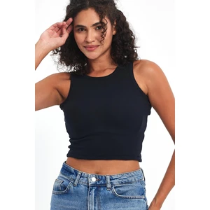 mmetalic Kadın Lacivert Fitilli Görünümlü Askılı Kalın Esnek Örme Basic Crop Atlet Bluz