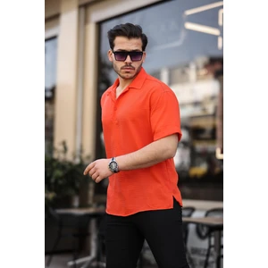 Polo Yaka Oversize Yarım Pat  Bambu Kısa Kol Gömlek - Turuncu