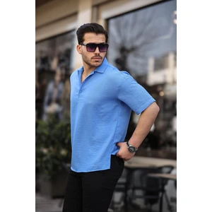 Polo Yaka Oversize Yarım Pat  Bambu Kısa Kol Gömlek - Parlement Mavi