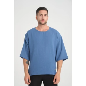 Bisiklet Yaka Fakir Kol Oversize Kısa Kol T-Shirt - Mavi
