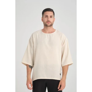 Bisiklet Yaka Fakir Kol Oversize Kısa Kol T-Shirt - Bej
