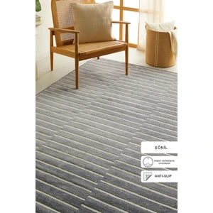 Ocean Home Textile Gri Renk Çizgi Desenli Şönil Halı Kilim 160 x 230 cm