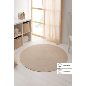 Yıkanabilir Bej Kırçıllı Pamuklu Halı Kilim 120 cm çap