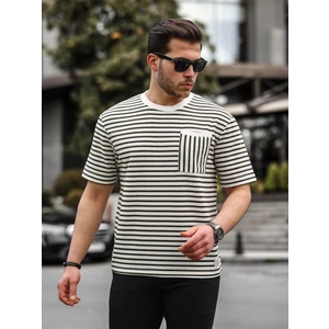 Bisiklet Yaka Tek Cepli Çizgili T-Shirt - Haki