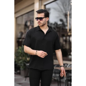 Polo Yaka Oversize Yarım Pat  Bambu Kısa Kol Gömlek - Siyah