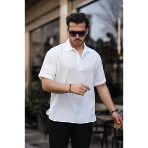 Polo Yaka Oversize Yarım Pat  Bambu Kısa Kol Gömlek - Beyaz