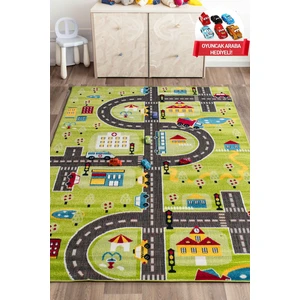 3 Boyutlu Yeşil Trafik Arabalı Dokuma Çocuk Oyun Halısı 140x200