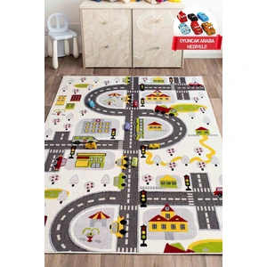 3 Boyutlu Beyaz Trafik Arabalı Dokuma Çocuk Oyun Halısı80x150