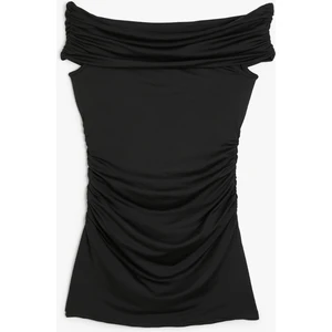 Mini Slip Elbise Kayık Yaka Drapeli Slim Fit Kolsuz