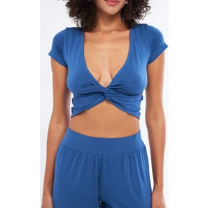 Kadın Burgu Detaylı Kısa Kol Mavi Bluz - Twist