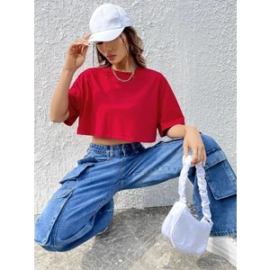 Kadın Crop Baskısız Düz Oversize Salaş T-Shirt