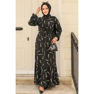 Neva Style Desenli Siyah Tesettür Viskon Elbise 23431S